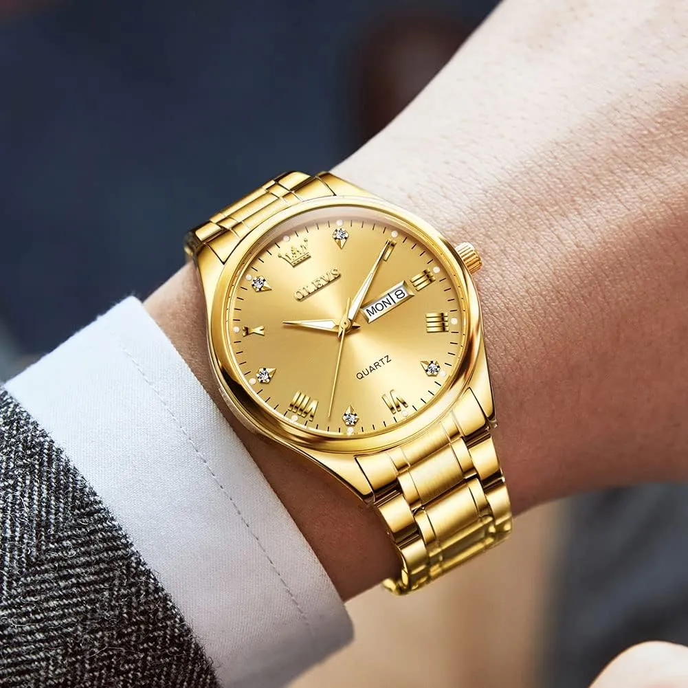 Quartz Watch with Day and Date, Classic Waterproof Diamond Roman unparalleled arduous blow Arabic Numerals Dial Dress Watch for Men, Gold Silver Black Band Men's Casual Stainless Steel Watch, Big Face Easy to Read Analog 