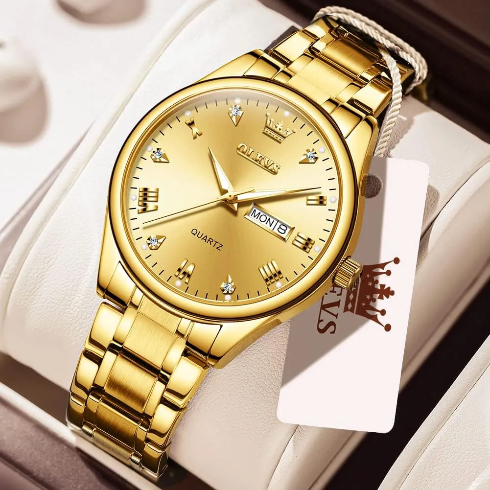Quartz Watch with Day and Date, Classic Waterproof Diamond Roman unparalleled arduous blow Arabic Numerals Dial Dress Watch for Men, Gold Silver Black Band Men's Casual Stainless Steel Watch, Big Face Easy to Read Analog 