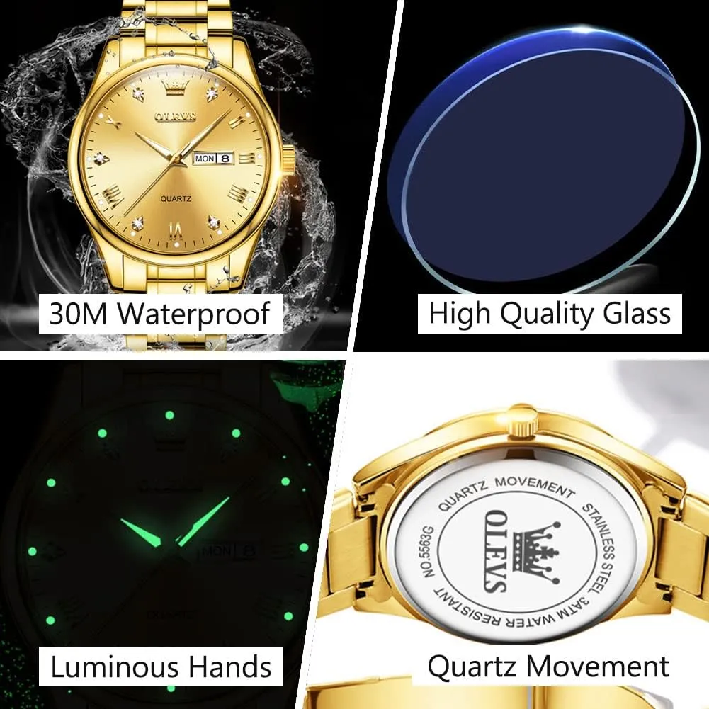 Quartz Watch with Day and Date, Classic Waterproof Diamond Roman unparalleled arduous blow Arabic Numerals Dial Dress Watch for Men, Gold Silver Black Band Men's Casual Stainless Steel Watch, Big Face Easy to Read Analog 
