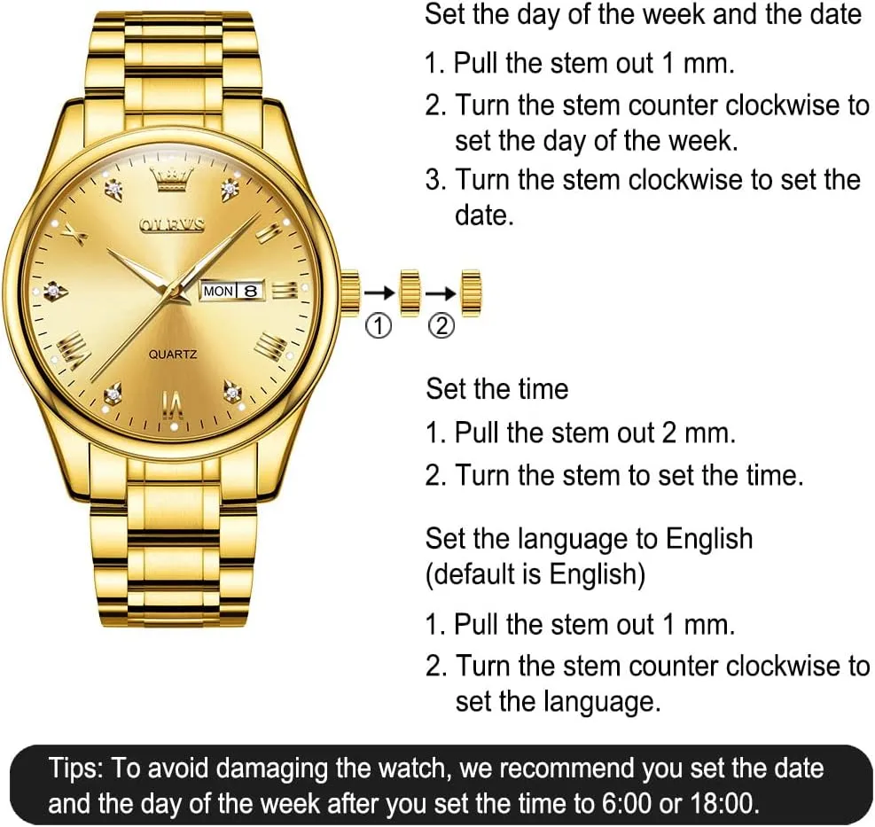Quartz Watch with Day and Date, Classic Waterproof Diamond Roman unparalleled arduous blow Arabic Numerals Dial Dress Watch for Men, Gold Silver Black Band Men's Casual Stainless Steel Watch, Big Face Easy to Read Analog 