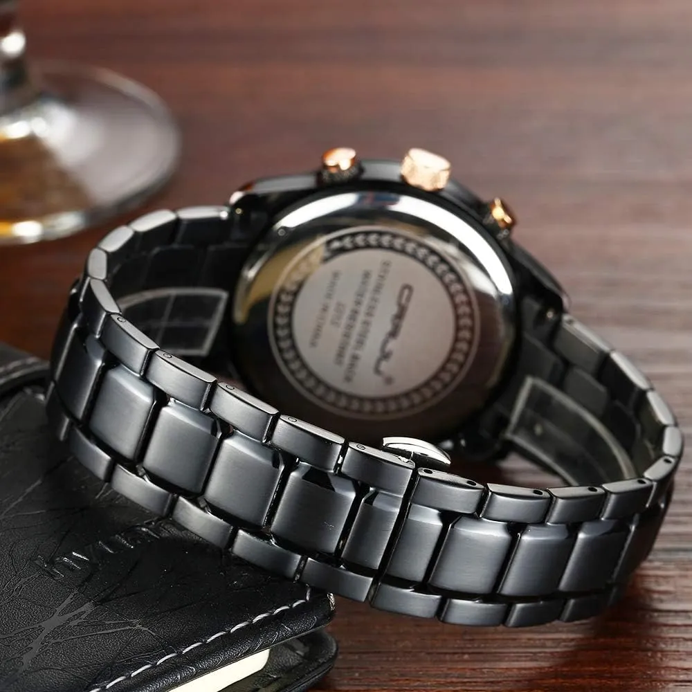 Quartz Waterproof Wristwatch Black Leather Strap CRRJU Men's console malleable Business Casual Chronograph 