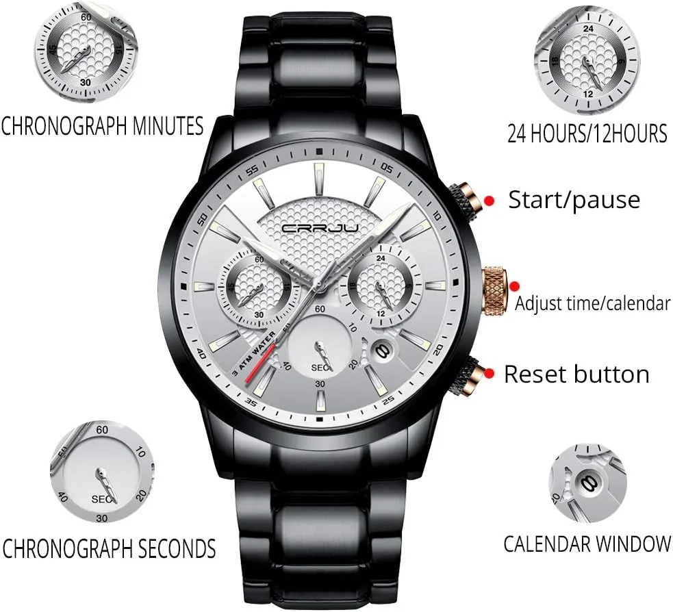 Quartz Waterproof Wristwatch Black Leather Strap CRRJU Men's console malleable Business Casual Chronograph 