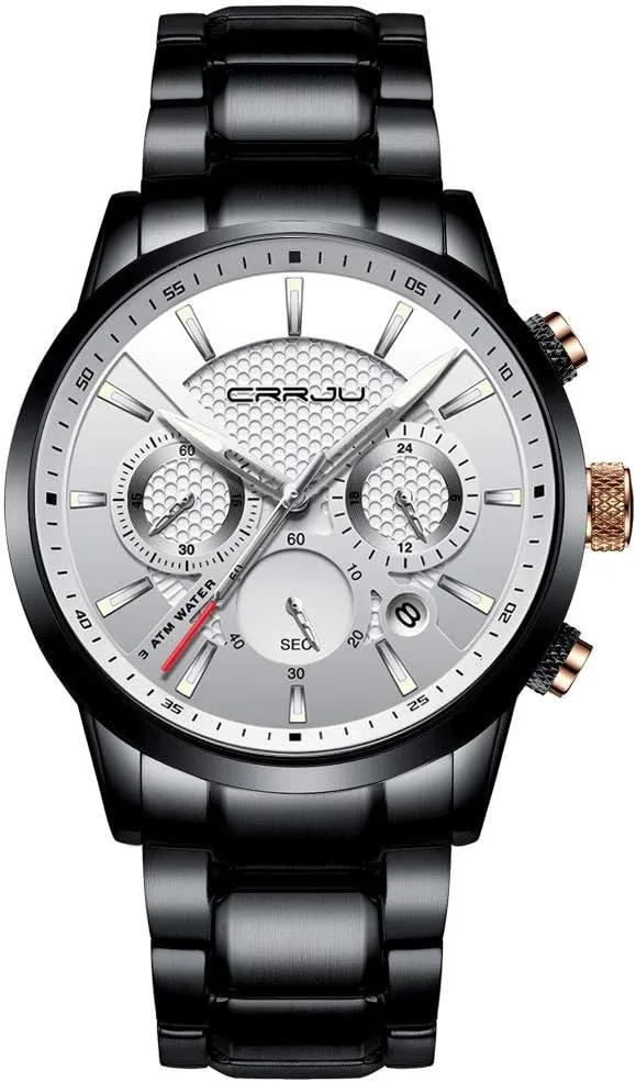 Quartz Waterproof Wristwatch Black Leather Strap CRRJU Men's console malleable Business Casual Chronograph 