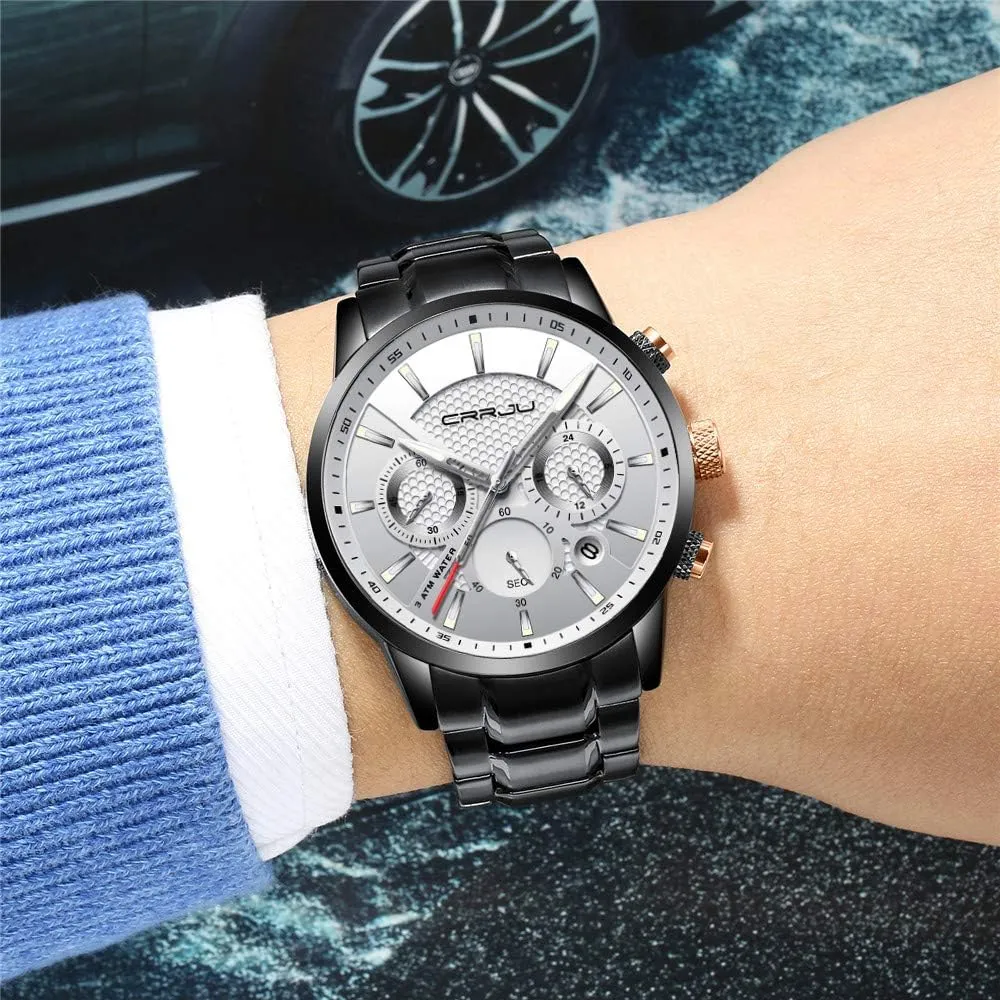 Quartz Waterproof Wristwatch Black Leather Strap CRRJU Men's console malleable Business Casual Chronograph 