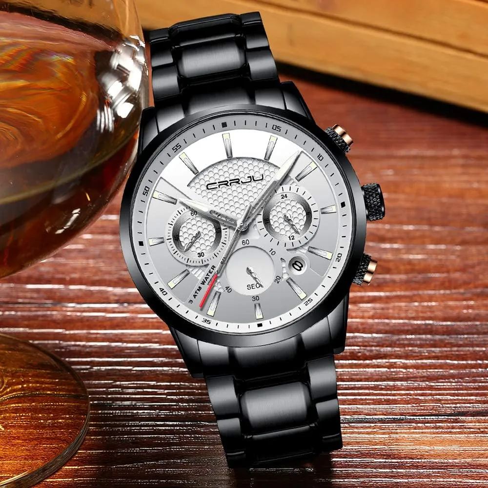 Quartz Waterproof Wristwatch Black Leather Strap CRRJU Men's console malleable Business Casual Chronograph 
