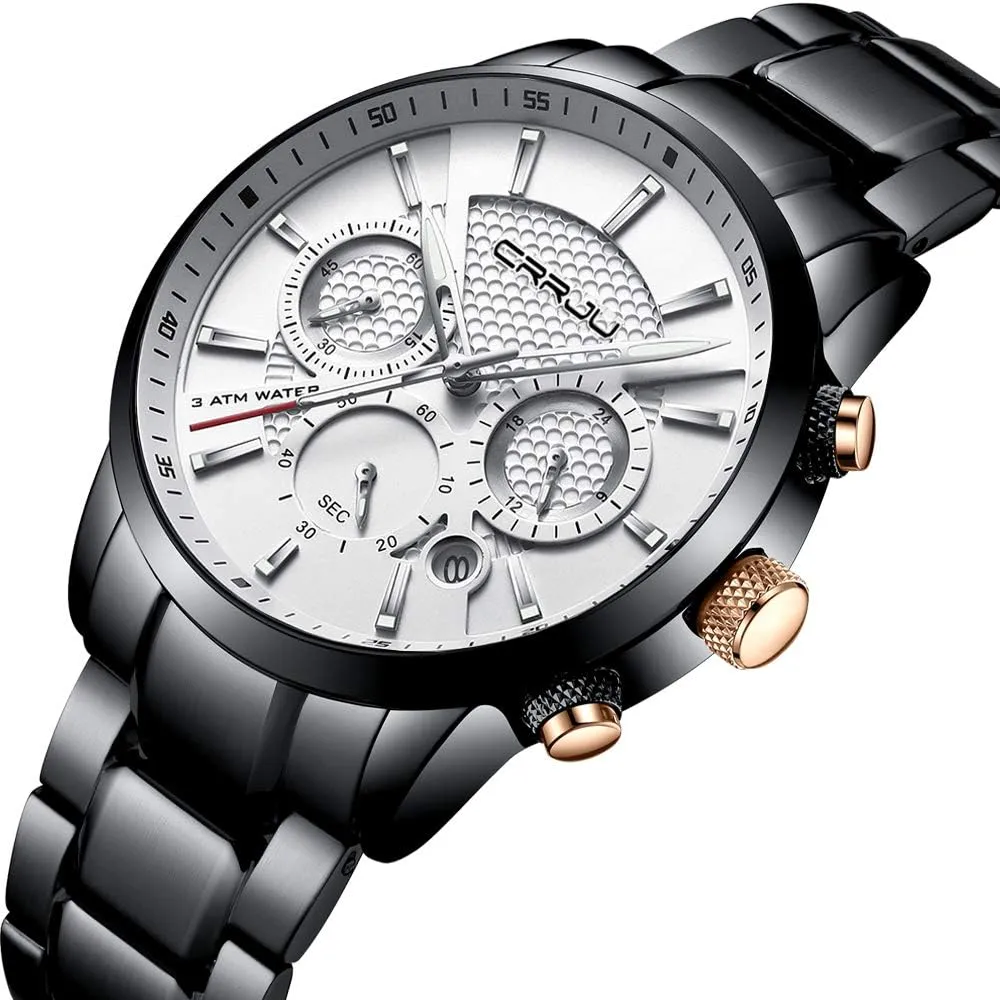 Quartz Waterproof Wristwatch Black Leather Strap CRRJU Men's console malleable Business Casual Chronograph 