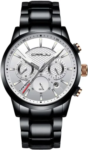 Quartz Waterproof Wristwatch Black Leather Strap CRRJU Men's console malleable Business Casual Chronograph 