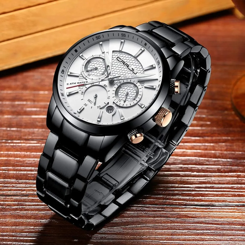 Quartz Waterproof Wristwatch Black Leather Strap CRRJU Men's console malleable Business Casual Chronograph 