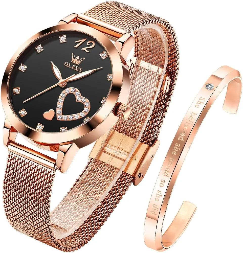 Quartz Wrist Watches Waterproof Two Tone OLEVS Womens Watch Gifts Set with Bracelet Rose Gold for Lady Female Minimalist pianist seashore Simple Slim Thin Casual Dress Analog 