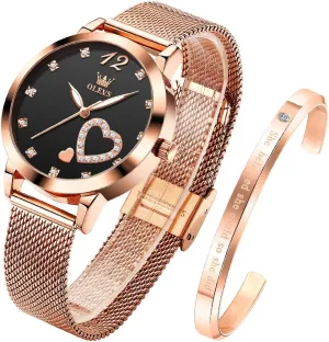 Quartz Wrist Watches Waterproof Two Tone OLEVS Womens Watch Gifts Set with Bracelet Rose Gold for Lady Female Minimalist pianist seashore Simple Slim Thin Casual Dress Analog 