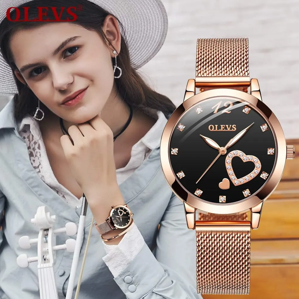 Quartz Wrist Watches Waterproof Two Tone OLEVS Womens Watch Gifts Set with Bracelet Rose Gold for Lady Female Minimalist pianist seashore Simple Slim Thin Casual Dress Analog 