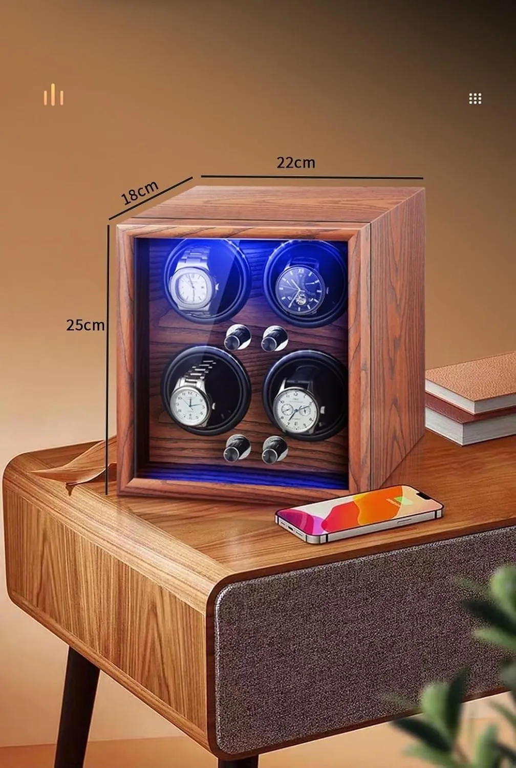 Quiet Motors Wood Shell Display Case Flexible permanence everyday Watch Pillow Built-in LED Light (Black 4 0) Luxury Watch Winder Automatic Watches with 