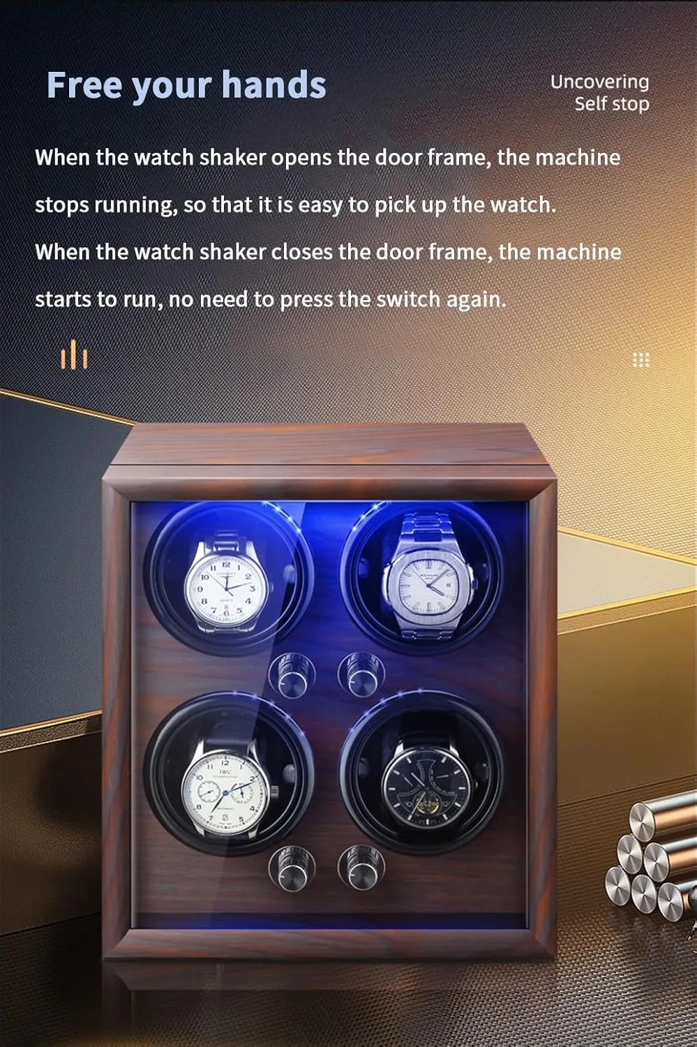 Quiet Motors Wood Shell Display Case Flexible permanence everyday Watch Pillow Built-in LED Light (Black 4 0) Luxury Watch Winder Automatic Watches with 