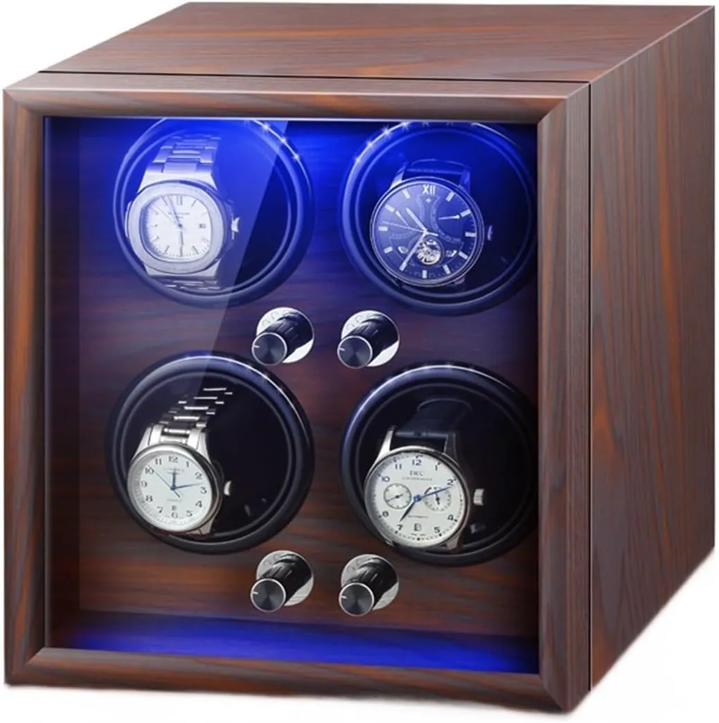 Quiet Motors Wood Shell Display Case Flexible permanence everyday Watch Pillow Built-in LED Light (Black 4 0) Luxury Watch Winder Automatic Watches with 