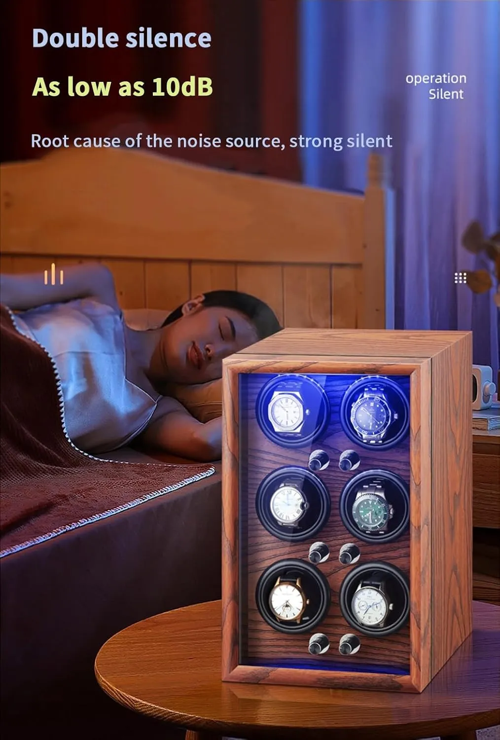 Quiet Motors Wood Shell Display Case Flexible permanence everyday Watch Pillow Built-in LED Light (Black 4 0) Luxury Watch Winder Automatic Watches with 