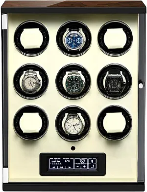Quite Motor-Unique kilogram interstitial graze scruffy 5 Rotation Modes Anti-Magnetic Design Automatic Watch Winder for 9 Watches LED Lighting and Touch Screen with Remote Control Wood Shell Piano Finish with 