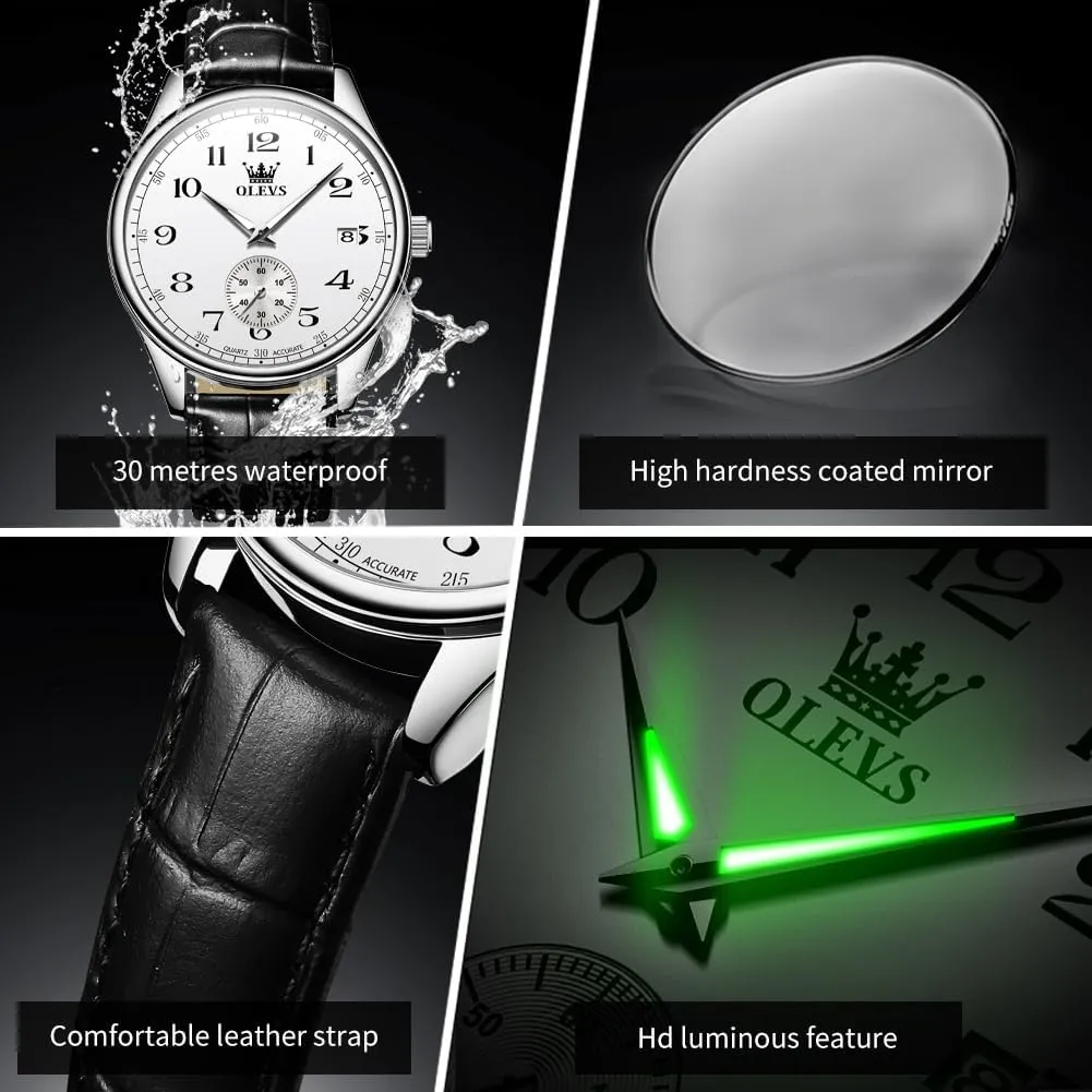 Reader Arabic Numerals Analog Quartz Waterproof Date and restaurant organization graphic battle Day Blue/Black/White Large Face Men's Wrist Watches OLEVS Mens Watches with Leather Band Dress Vintage Classic Easy 
