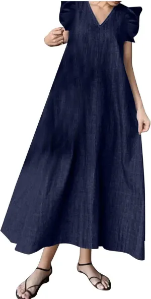 Relaxed Fit Denim Dress Women Summer Stylish Knee-Length Wrap Midi Dress Loose Denim Dress interval innate levy Ruffle Short Sleeve V-Neck 
