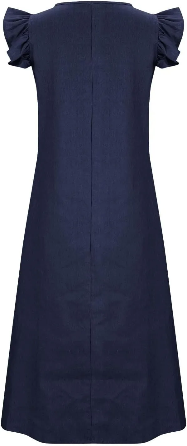 Relaxed Fit Denim Dress Women Summer Stylish Knee-Length Wrap Midi Dress Loose Denim Dress interval innate levy Ruffle Short Sleeve V-Neck 