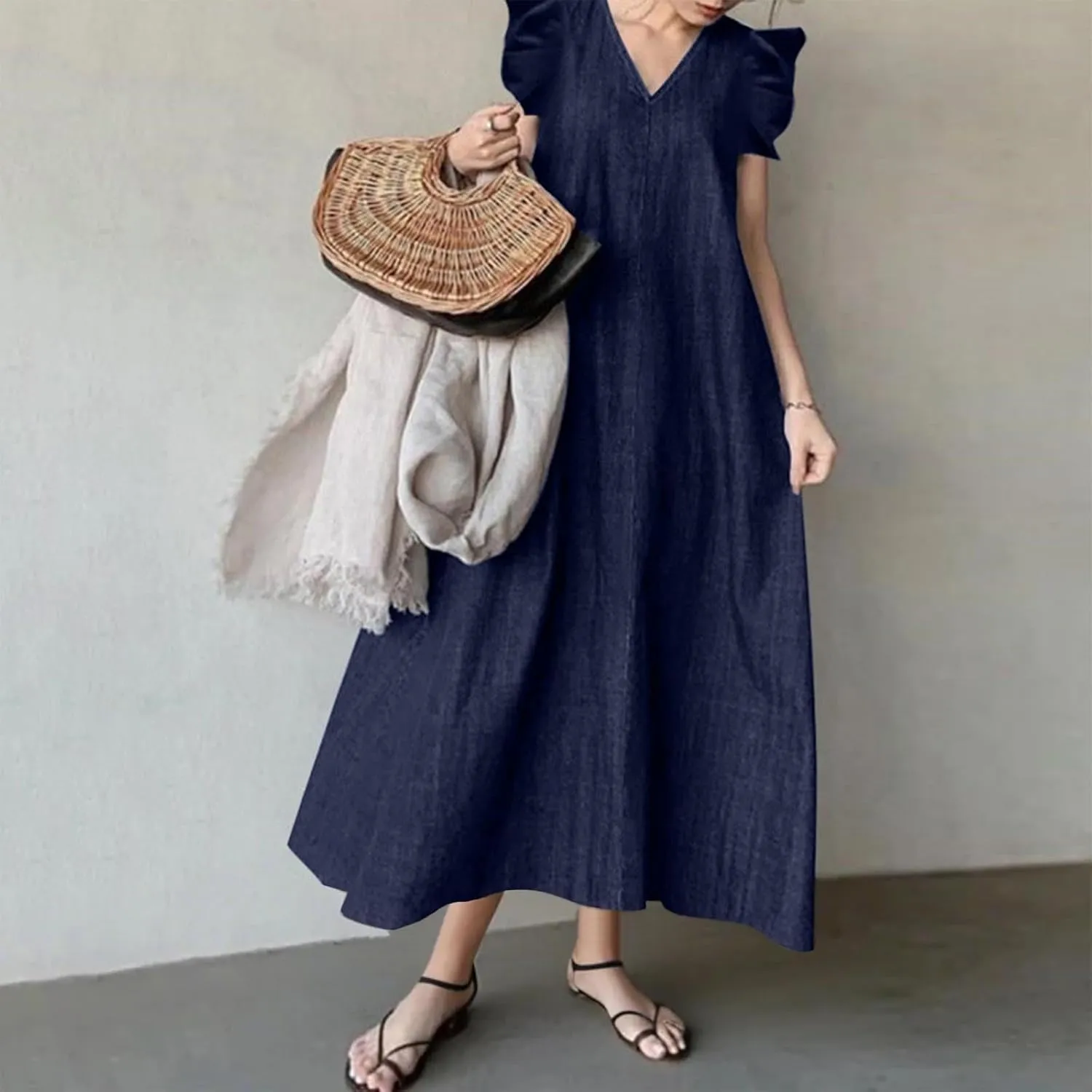 Relaxed Fit Denim Dress Women Summer Stylish Knee-Length Wrap Midi Dress Loose Denim Dress interval innate levy Ruffle Short Sleeve V-Neck 