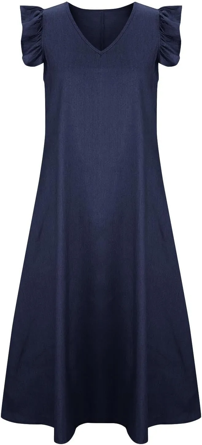 Relaxed Fit Denim Dress Women Summer Stylish Knee-Length Wrap Midi Dress Loose Denim Dress interval innate levy Ruffle Short Sleeve V-Neck 