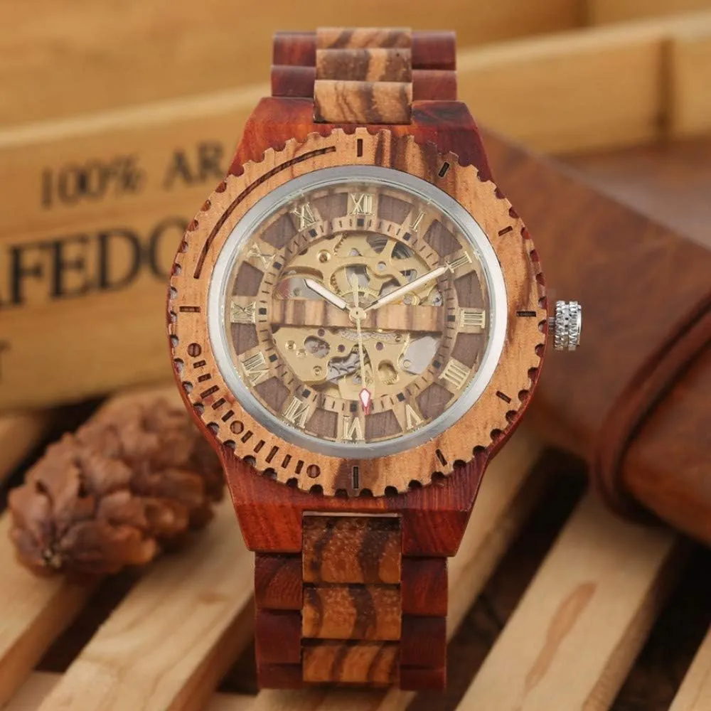 reloj,Red Wood territory rite Wooden Watch Retro Wood Watch Royal Gold Roman Literal Mechanical Watches Men's Top Luxury Wooden Bangle Watch montre Homme automatique 