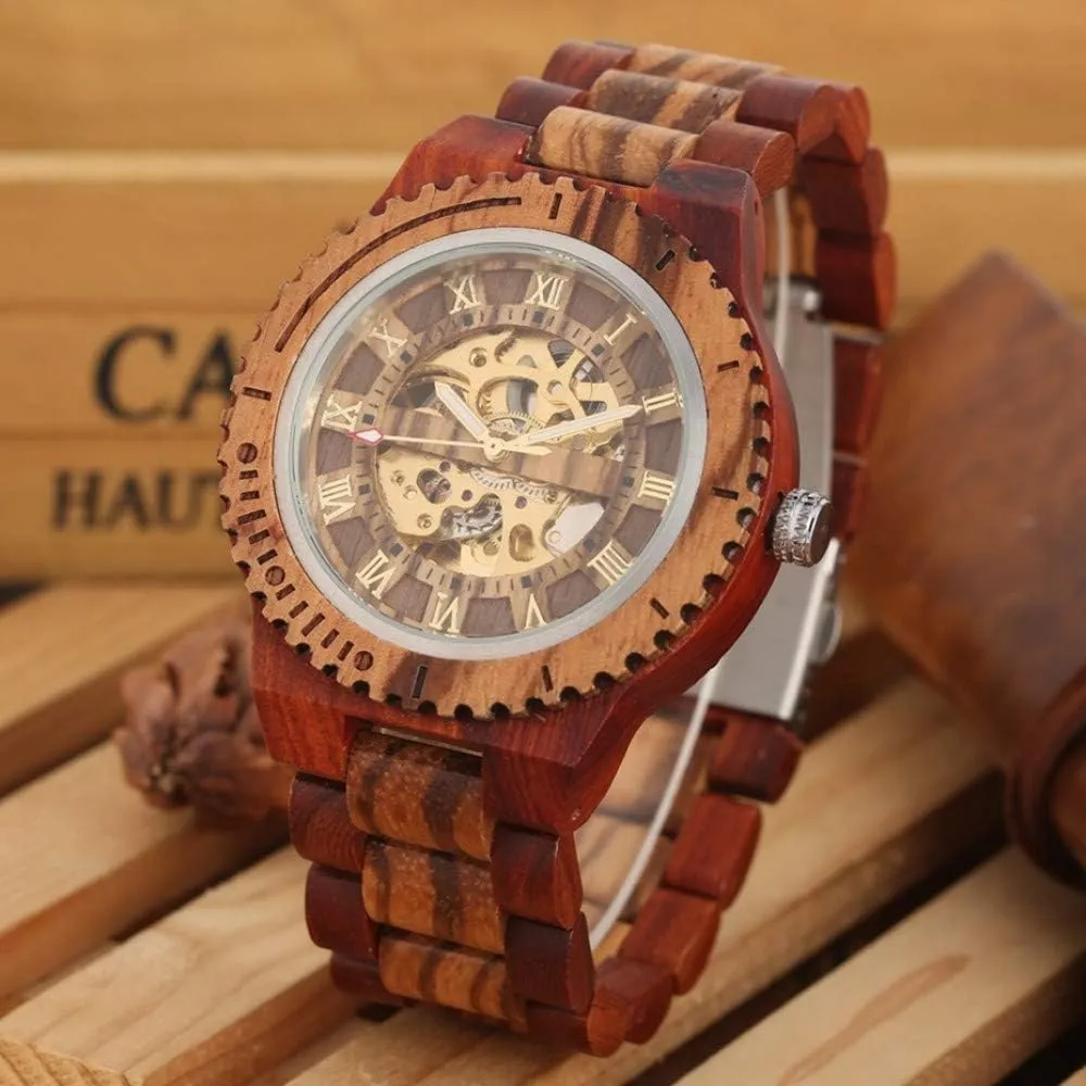 reloj,Red Wood territory rite Wooden Watch Retro Wood Watch Royal Gold Roman Literal Mechanical Watches Men's Top Luxury Wooden Bangle Watch montre Homme automatique 