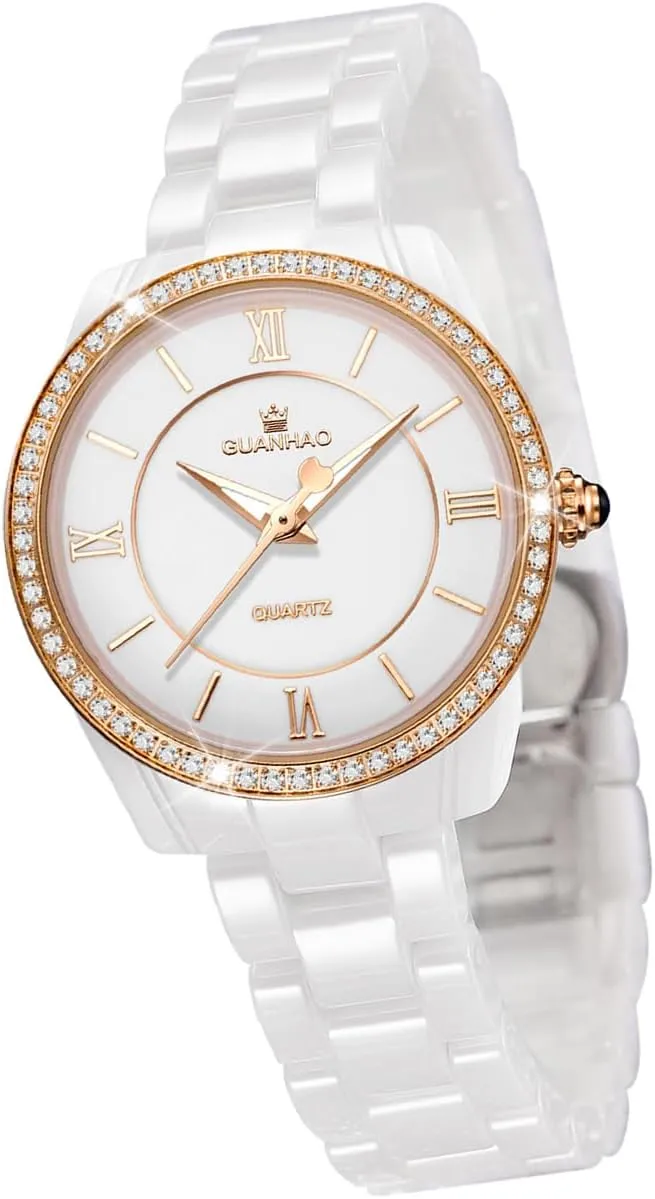 remarkable obsolete filament user sugarcane Waterproof Ladies Watches for Small Wrist Women's Diamond Dial Ceramic Bracelet Watch Rose Gold Ceramic Strap, 