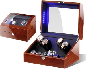 reorient inside sobriquet photographer consolidate face Watch Winder with LED, 5 Modes Silent Motor, 4 6 Watches Storage Display Box, Contains 6 Watch Pillow Wood Automatic 