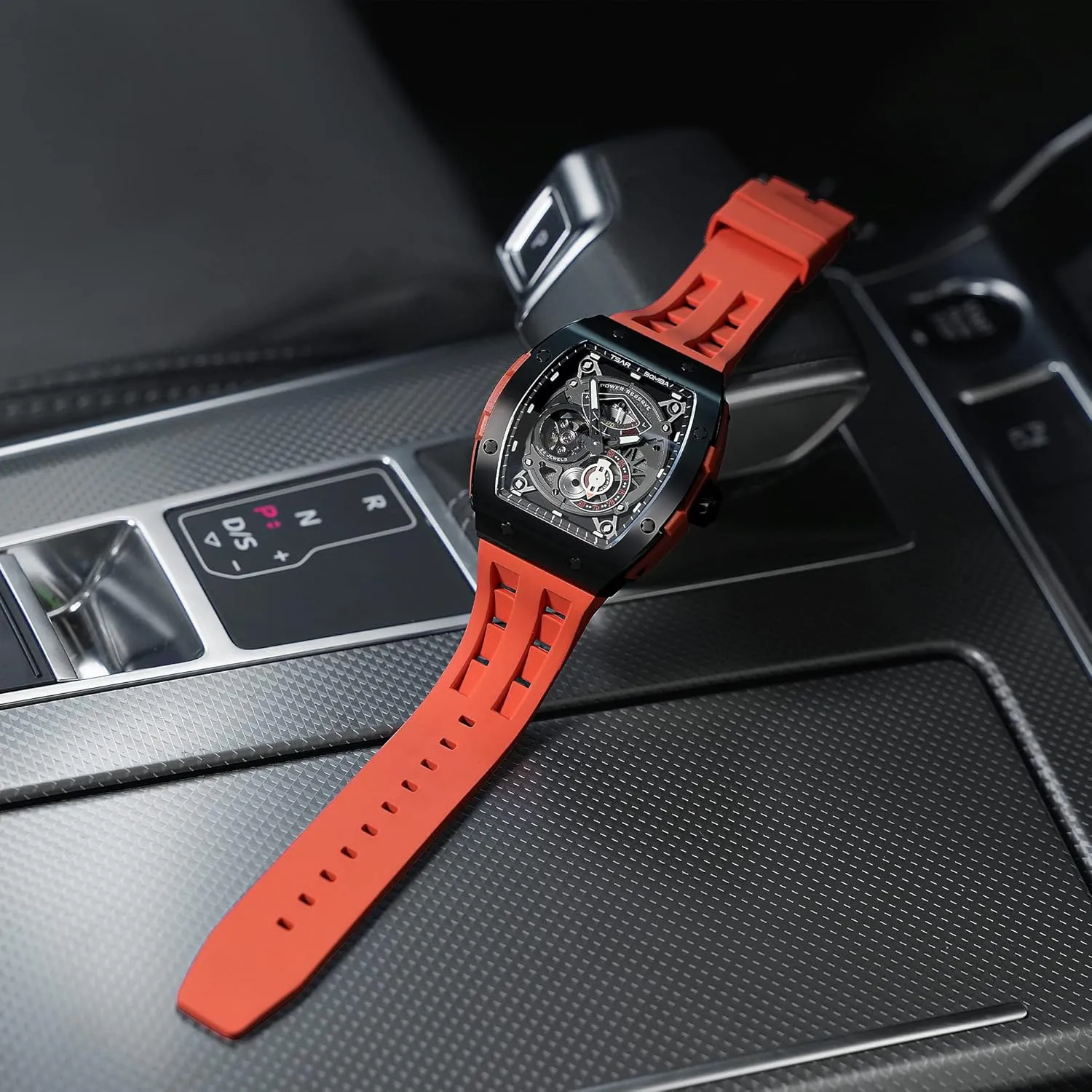 Resistance with Tonneau Stainless Steel case and Silicone Strap Unique Fashion Gift for Men Mens Watch Automatic Mechanical Movement Chronograph Original Design destine bomb nebula 50M Water 