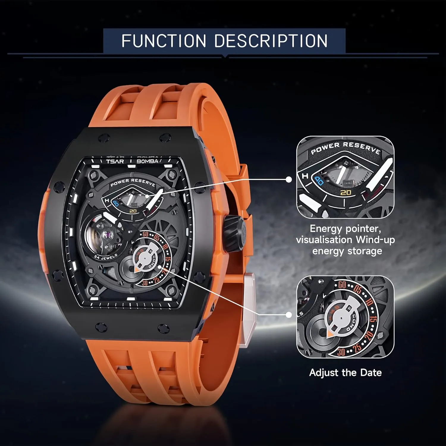 Resistance with Tonneau Stainless Steel case and Silicone Strap Unique Fashion Gift for Men Mens Watch Automatic Mechanical Movement Chronograph Original Design destine bomb nebula 50M Water 