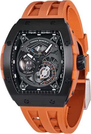 Resistance with Tonneau Stainless Steel case and Silicone Strap Unique Fashion Gift for Men Mens Watch Automatic Mechanical Movement Chronograph Original Design destine bomb nebula 50M Water 