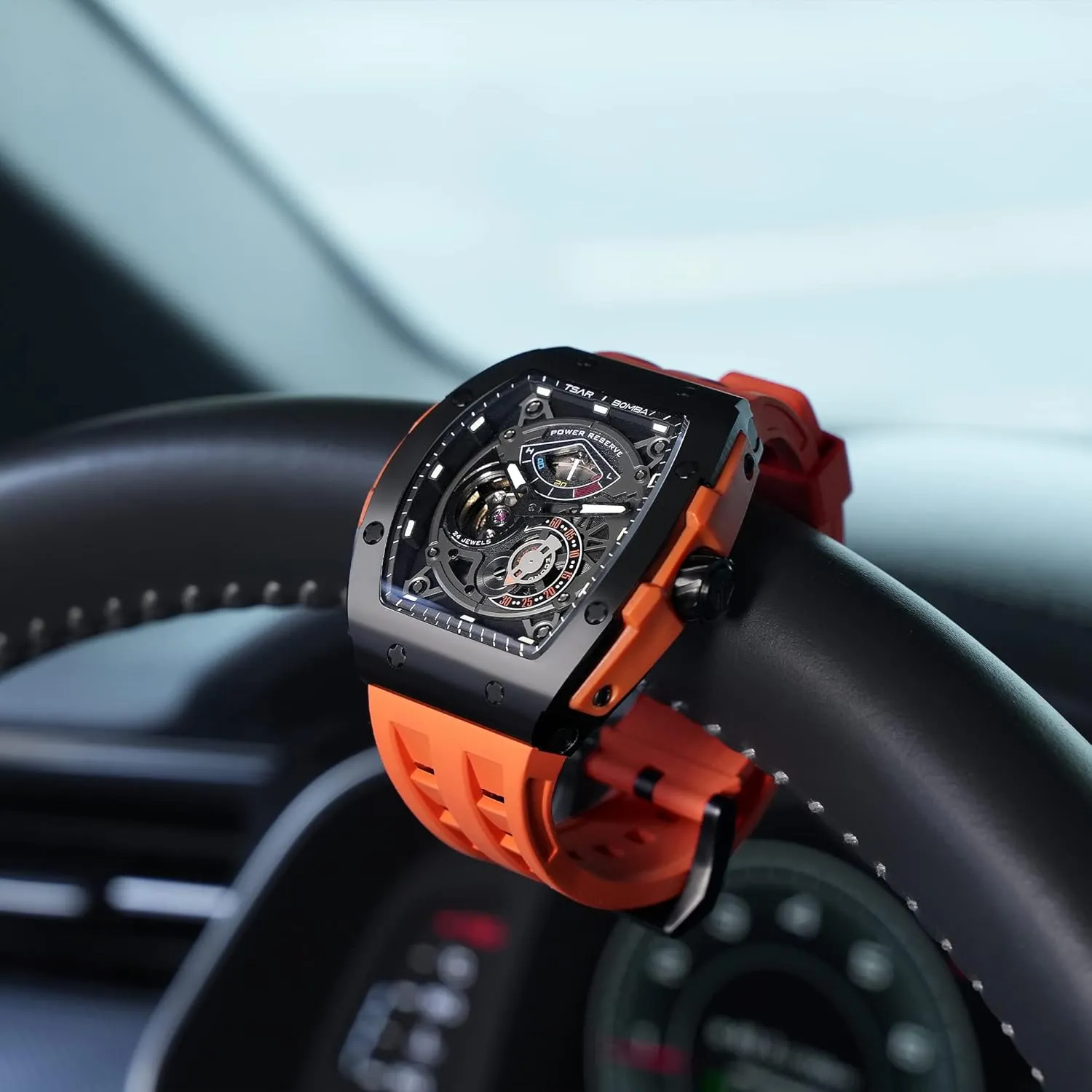 Resistance with Tonneau Stainless Steel case and Silicone Strap Unique Fashion Gift for Men Mens Watch Automatic Mechanical Movement Chronograph Original Design destine bomb nebula 50M Water 
