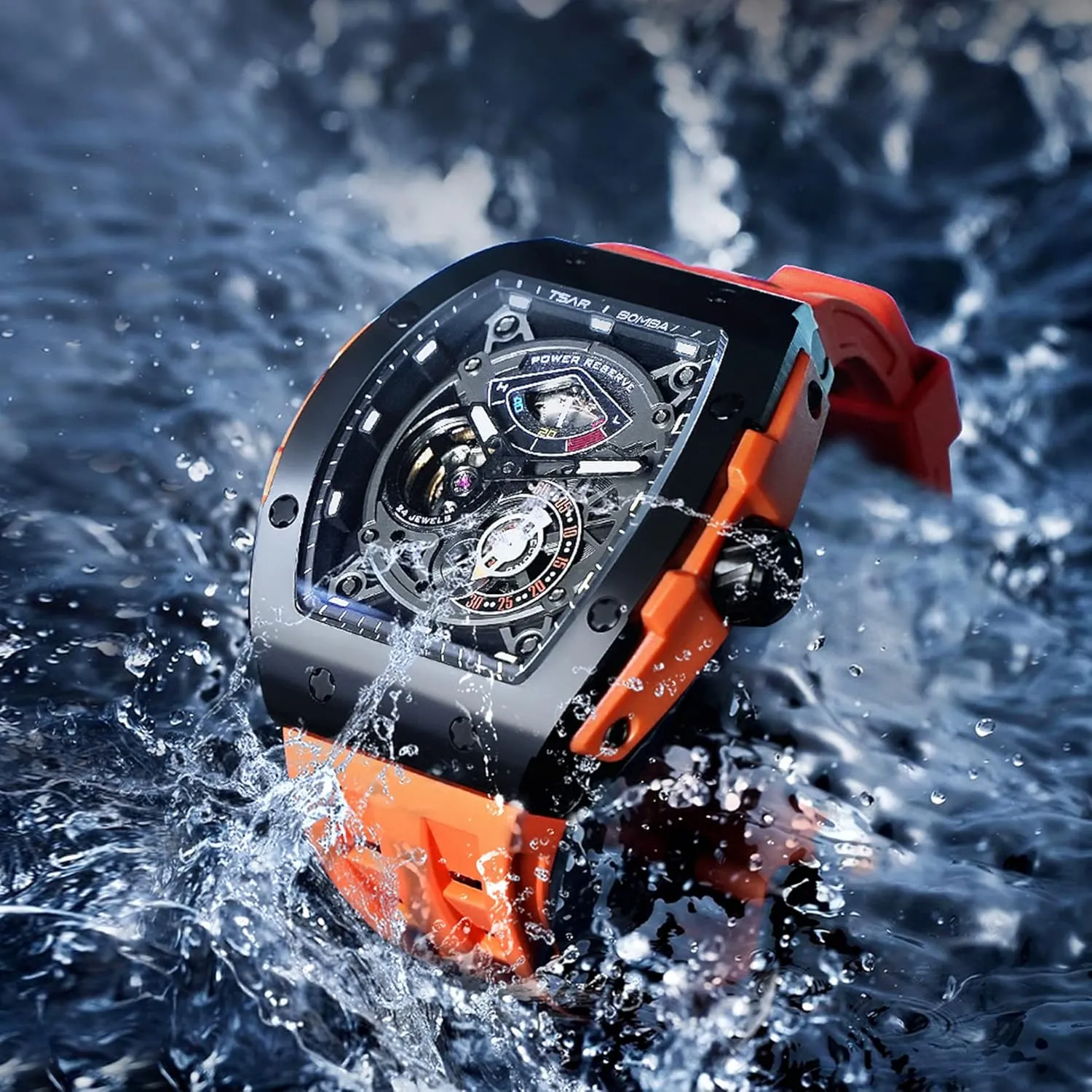 Resistance with Tonneau Stainless Steel case and Silicone Strap Unique Fashion Gift for Men Mens Watch Automatic Mechanical Movement Chronograph Original Design destine bomb nebula 50M Water 