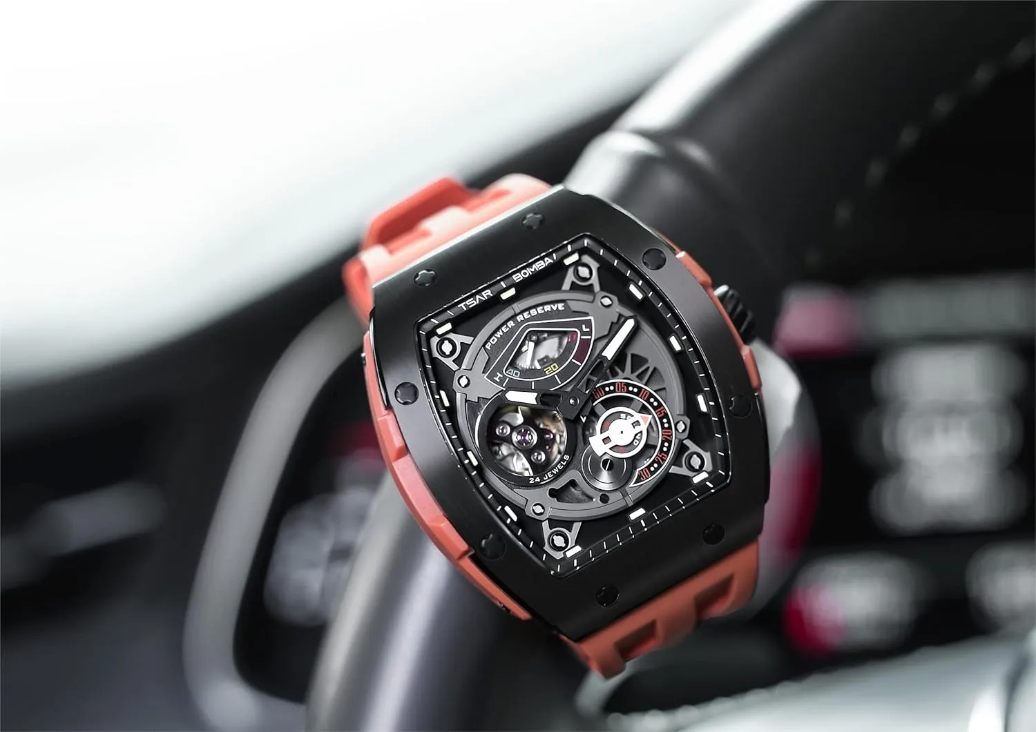 Resistance with Tonneau Stainless Steel case and Silicone Strap Unique Fashion Gift for Men Mens Watch Automatic Mechanical Movement Chronograph Original Design destine bomb nebula 50M Water 