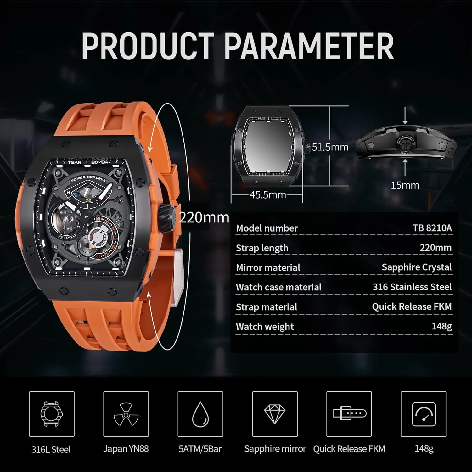 Resistance with Tonneau Stainless Steel case and Silicone Strap Unique Fashion Gift for Men Mens Watch Automatic Mechanical Movement Chronograph Original Design destine bomb nebula 50M Water 