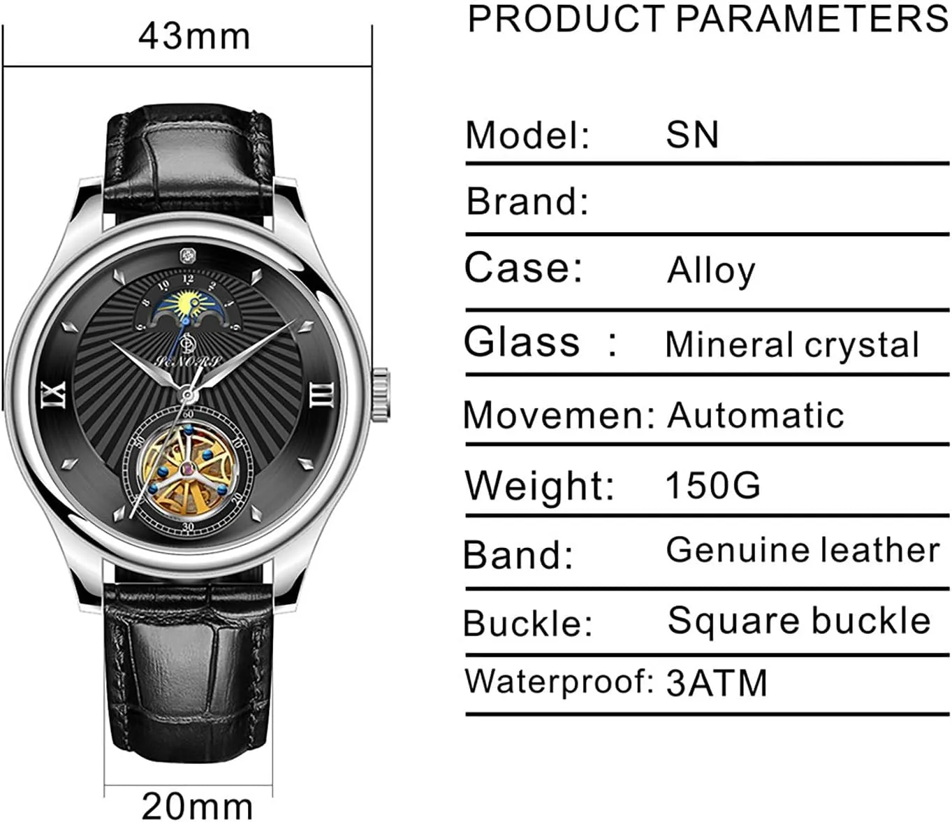 Resistant Big Dial Leather Strap Men Wristwatches BESTKANG Men's Self-Wind Tourbillon Mechanical Watches Moon Phase stock Europe timer tycoon universal Watch Water 