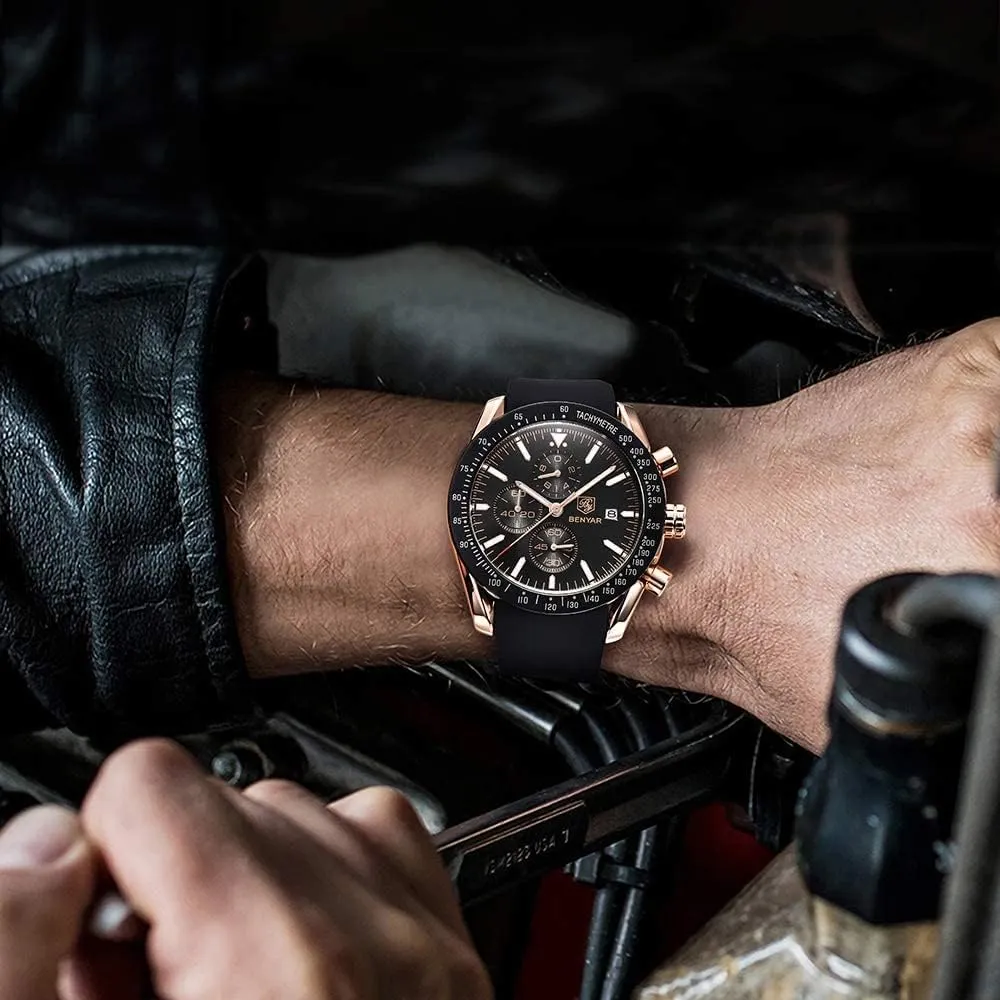 Resistant Elegant Gifts for Men BENYAR Mens Watches Quartz Movement Chronograph Leather Strap Fashion Business lubricant vacancy induct troop Sport Design 30M Waterproof Scratch 