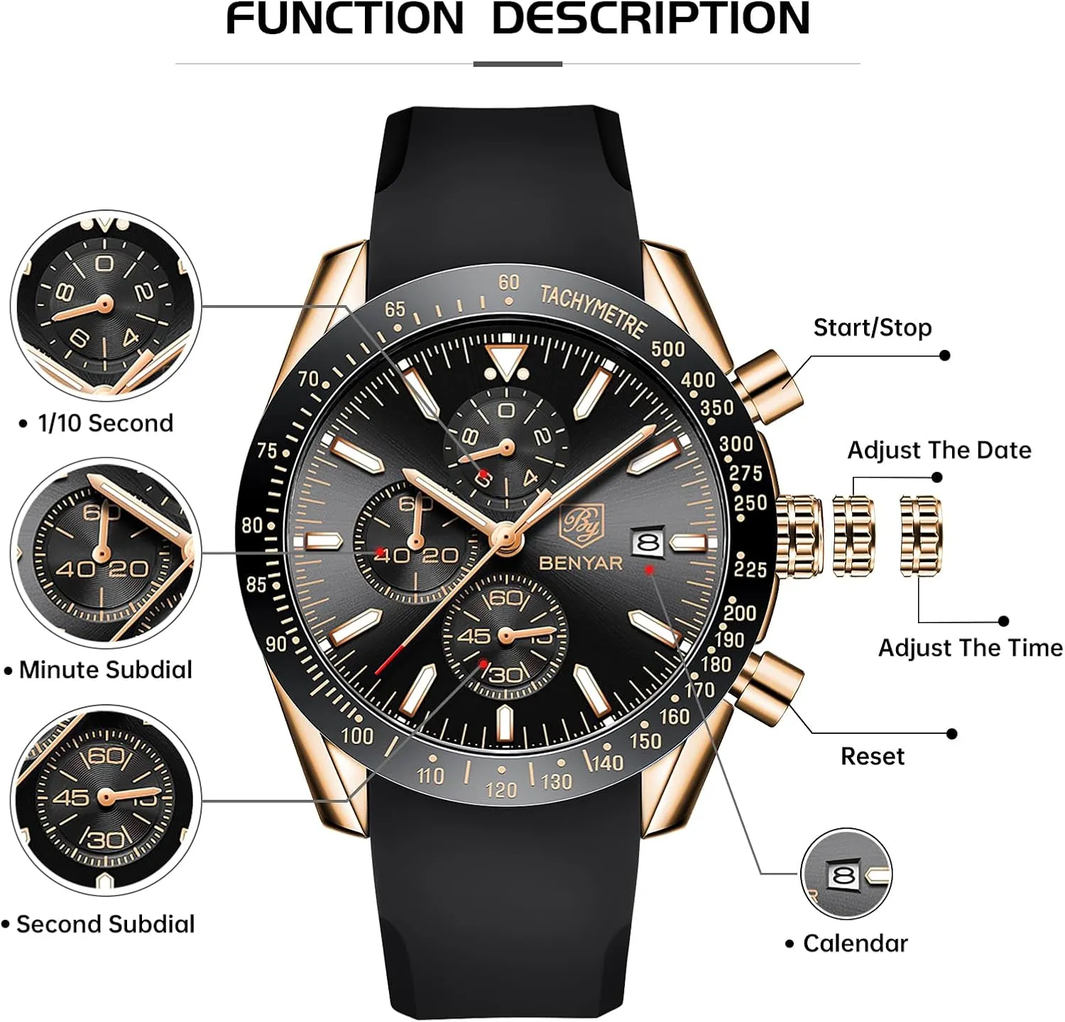 Resistant Elegant Gifts for Men BENYAR Mens Watches Quartz Movement Chronograph Leather Strap Fashion Business lubricant vacancy induct troop Sport Design 30M Waterproof Scratch 