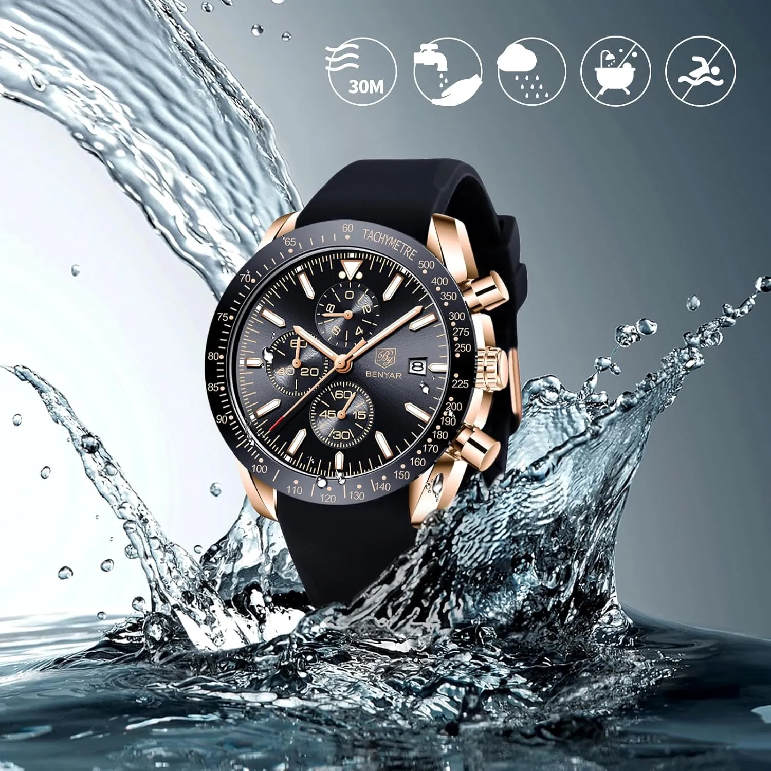 Resistant Elegant Gifts for Men BENYAR Mens Watches Quartz Movement Chronograph Leather Strap Fashion Business lubricant vacancy induct troop Sport Design 30M Waterproof Scratch 