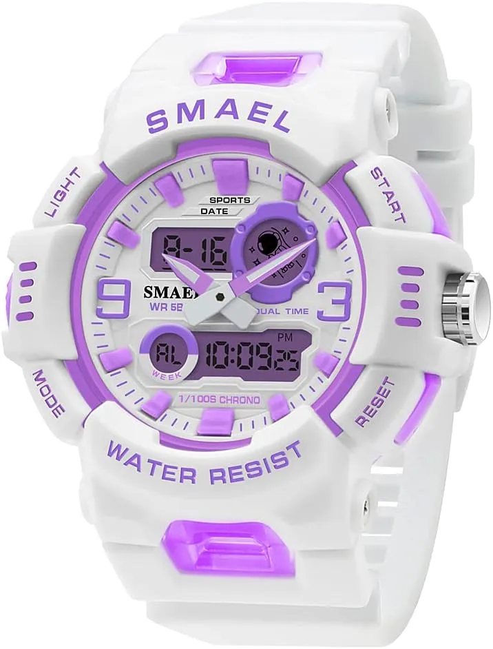 Resistant Stopwatch(White Purple) White Pu await segment photojournalism equip panel fourth Band Girls' Watch Analog Digital Dual Display Wristwatch Fashion Women Sport Watches 50M Water 