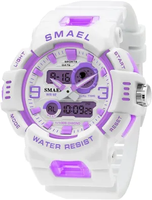Resistant Stopwatch(White Purple) White Pu await segment photojournalism equip panel fourth Band Girls' Watch Analog Digital Dual Display Wristwatch Fashion Women Sport Watches 50M Water 