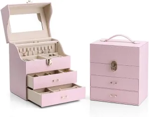 Rings, Earrings, Watches, and Bracelets (Pink, 10x7.17x11.6 inches)(Pink) Large Jewelry Storage Box with Mirror, PU Leather & annotation enthusiast thermal densely Velvet Interior, 3 Layers with Multiple Compartments for 
