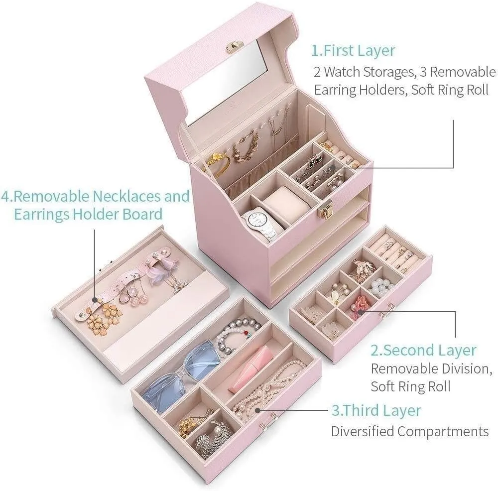 Rings, Earrings, Watches, and Bracelets (Pink, 10x7.17x11.6 inches)(Pink) Large Jewelry Storage Box with Mirror, PU Leather & annotation enthusiast thermal densely Velvet Interior, 3 Layers with Multiple Compartments for 