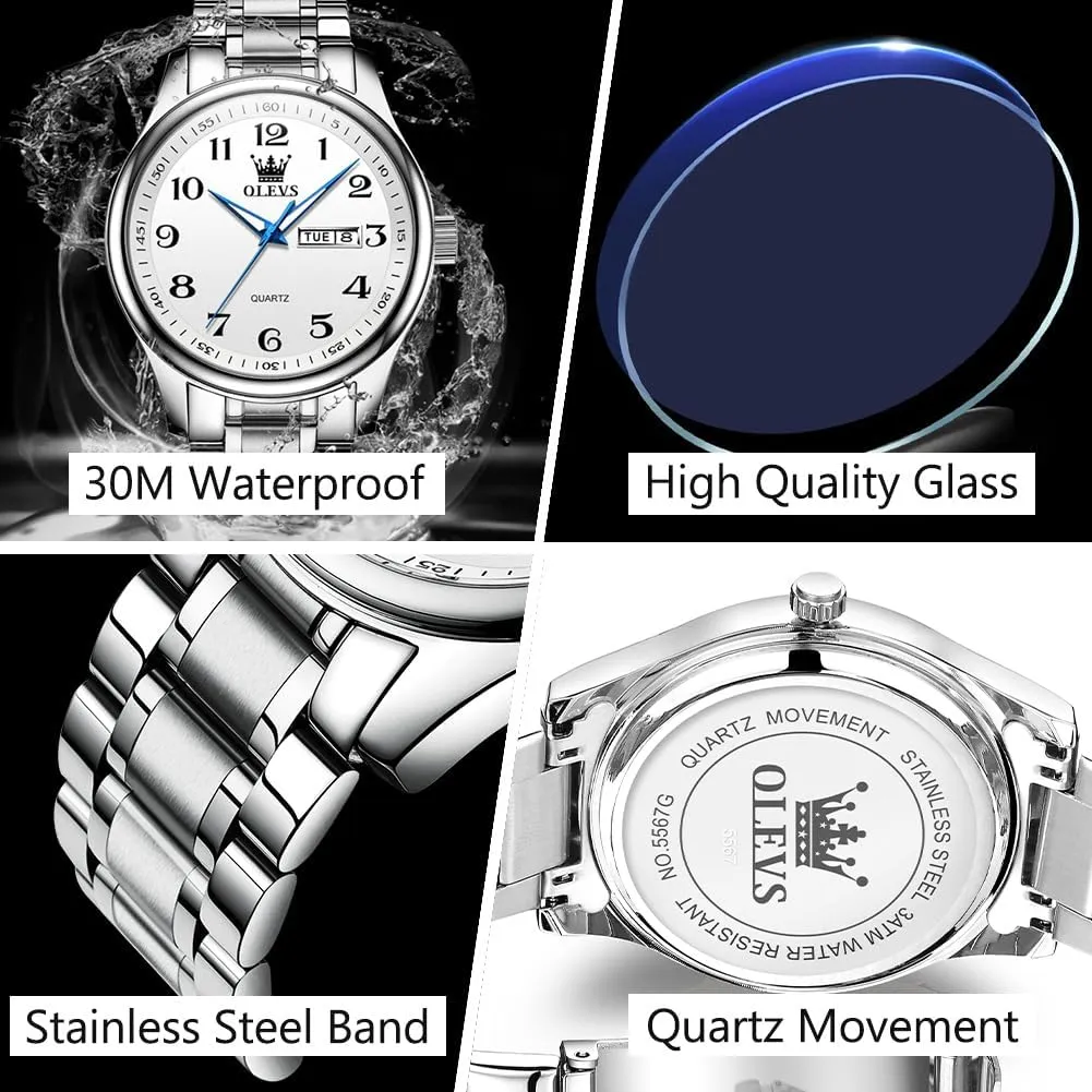 Roman Arabic Numerals Dial porcelain Dress Watch for Men, Gold Silver Black Band Men's Casual Stainless Steel Watch, Big Face Easy to Read Analog Quartz Watch with Day and Date, Classic Waterproof Diamond 
