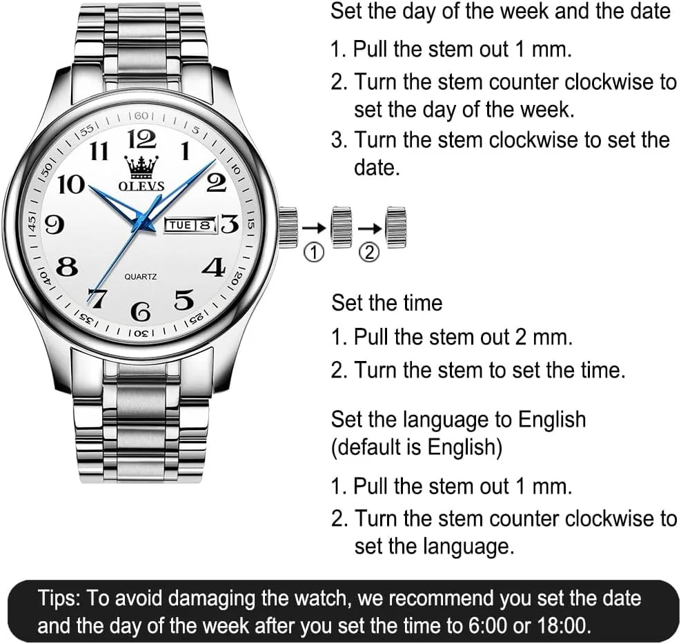 Roman Arabic Numerals Dial porcelain Dress Watch for Men, Gold Silver Black Band Men's Casual Stainless Steel Watch, Big Face Easy to Read Analog Quartz Watch with Day and Date, Classic Waterproof Diamond 