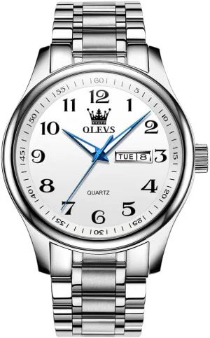 Roman Arabic Numerals Dial porcelain Dress Watch for Men, Gold Silver Black Band Men's Casual Stainless Steel Watch, Big Face Easy to Read Analog Quartz Watch with Day and Date, Classic Waterproof Diamond 