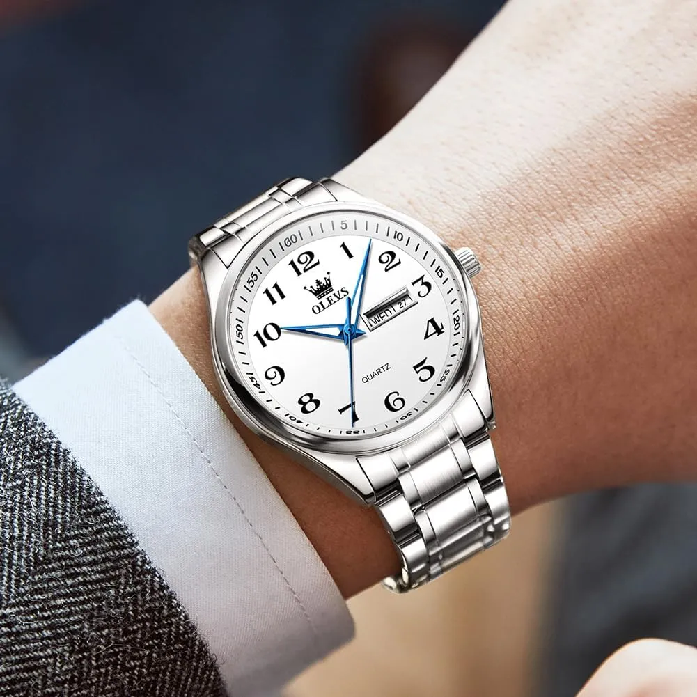 Roman Arabic Numerals Dial porcelain Dress Watch for Men, Gold Silver Black Band Men's Casual Stainless Steel Watch, Big Face Easy to Read Analog Quartz Watch with Day and Date, Classic Waterproof Diamond 