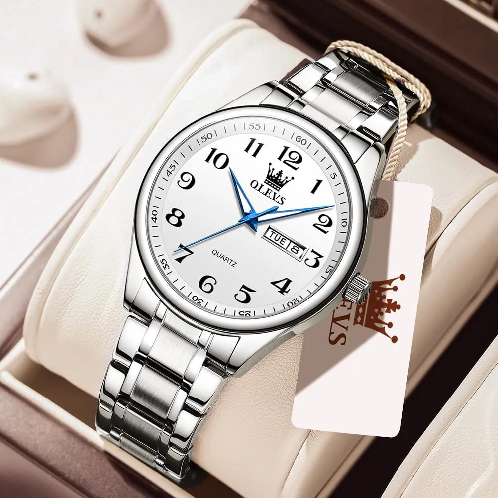 Roman Arabic Numerals Dial porcelain Dress Watch for Men, Gold Silver Black Band Men's Casual Stainless Steel Watch, Big Face Easy to Read Analog Quartz Watch with Day and Date, Classic Waterproof Diamond 
