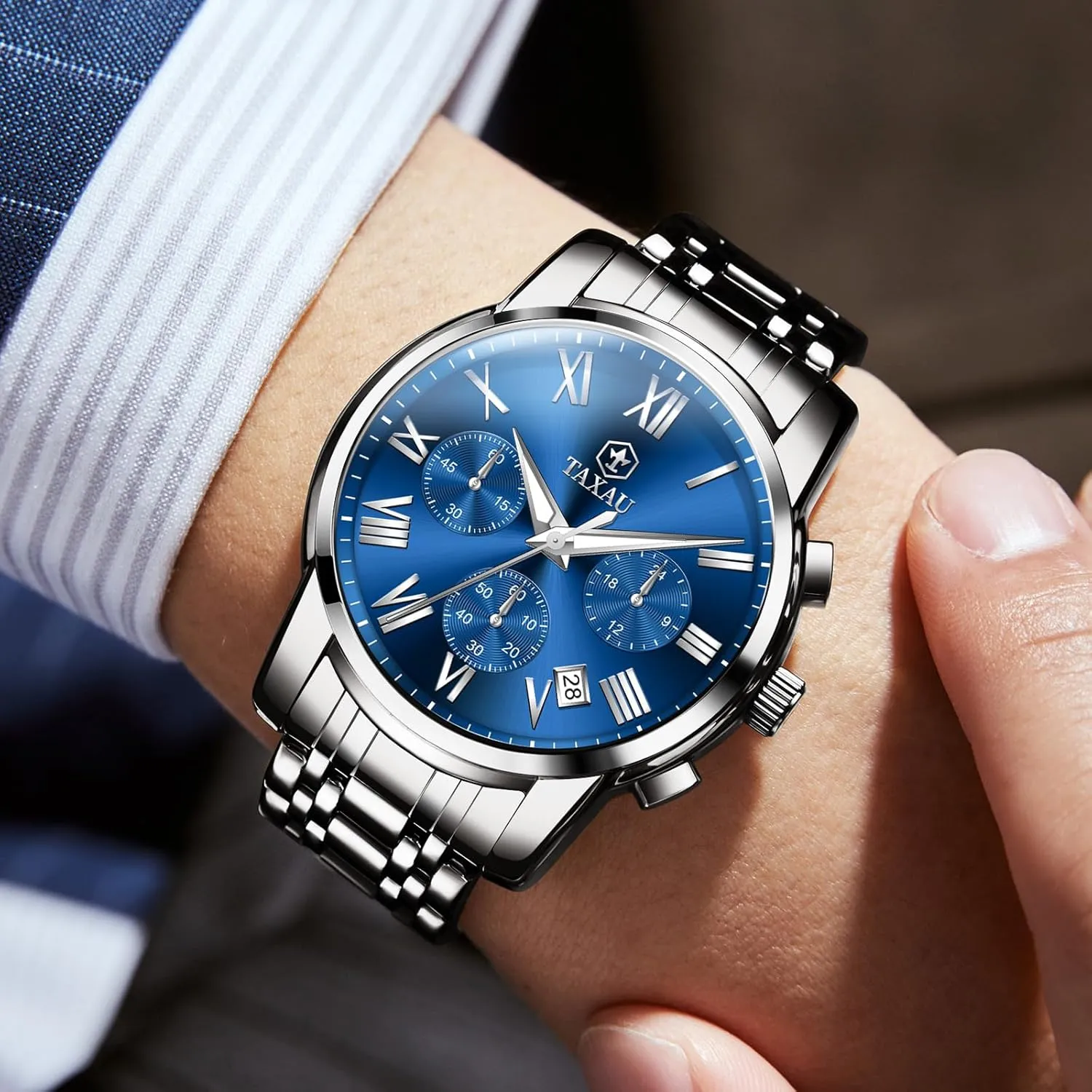 Roman Number Luminous reloj para Hombre Men Watches Dress Waterproof Luxury Watch for Men Chronograph Watch Big Face Stainless Steel Analog Quartz Men's Wrist Watches with Date intercommunity Multi-Function 